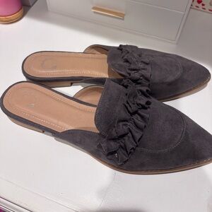 Chic Dark Gray Suede Mules with Ruffle Detail